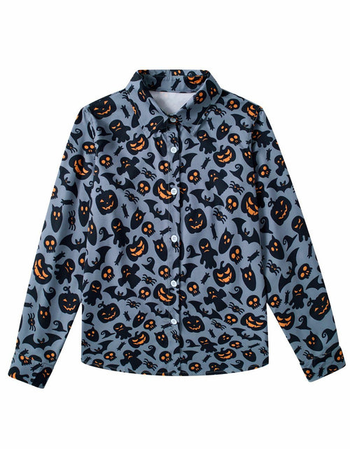 Load image into Gallery viewer, Boys Halloween Ghost Pumpkin Long Sleeve Button-Up Shirt Size 7-8
