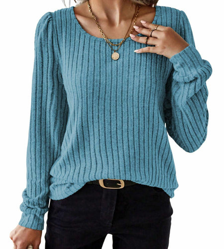 Samefar Womens Ribbed Long Sleeve Round Neck Top Blue Size Small