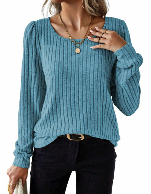 Load image into Gallery viewer, Samefar Womens Ribbed Long Sleeve Round Neck Top Blue Size Small

