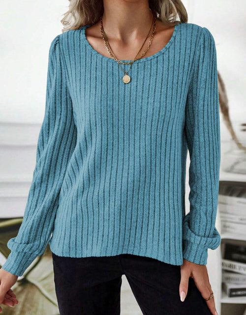 Load image into Gallery viewer, Samefar Womens Ribbed Long Sleeve Round Neck Top Blue Size Small
