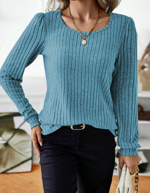 Load image into Gallery viewer, Samefar Womens Ribbed Long Sleeve Round Neck Top Blue Size Small
