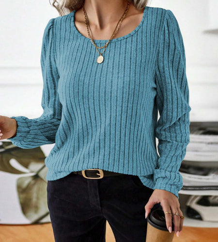 Samefar Womens Ribbed Long Sleeve Round Neck Top Blue Size Small
