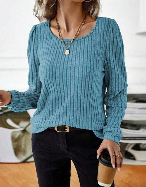 Load image into Gallery viewer, Samefar Womens Ribbed Long Sleeve Round Neck Top Blue Size Small

