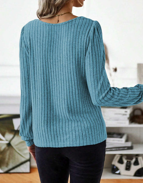 Load image into Gallery viewer, Samefar Womens Ribbed Long Sleeve Round Neck Top Blue Size Small
