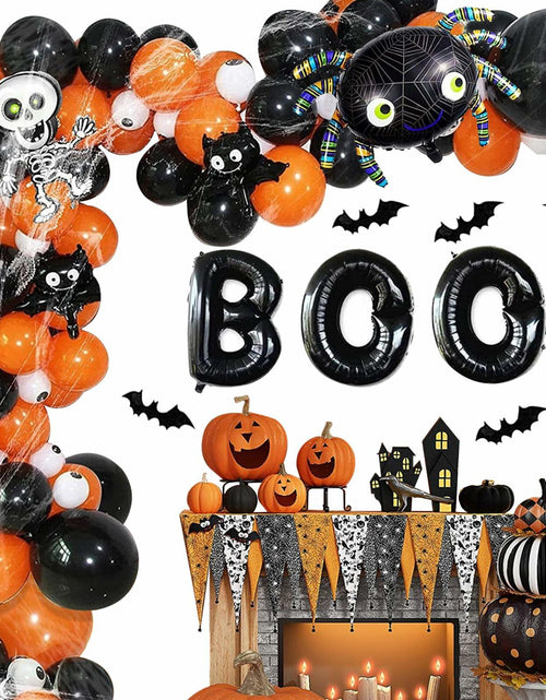 Load image into Gallery viewer, Halloween DIY Party Supplies Arch Kit with Cobweb BOO Spider Skeleton Balloons

