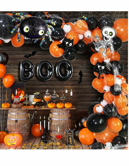 Load image into Gallery viewer, Halloween DIY Party Supplies Arch Kit with Cobweb BOO Spider Skeleton Balloons
