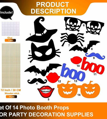 Happy Halloween Photo Booth Props Boo Bat Hat Party Favors Pack of 14