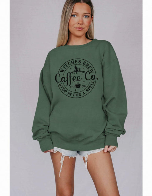 Load image into Gallery viewer, IZYJOY Witches Brew Coffee Oversized Sweatshirt Women Green Size Small
