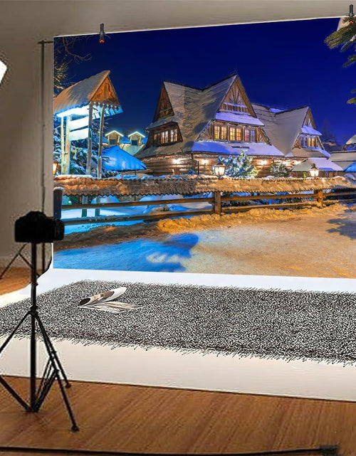 Load image into Gallery viewer, Snow Village Backdrop Xmas Pine Trees Night Scenery Banner 8x6ft
