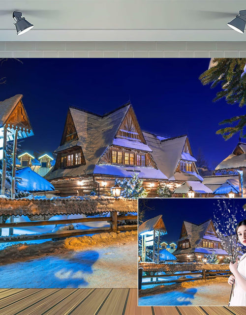 Load image into Gallery viewer, Snow Village Backdrop Xmas Pine Trees Night Scenery Banner 8x6ft
