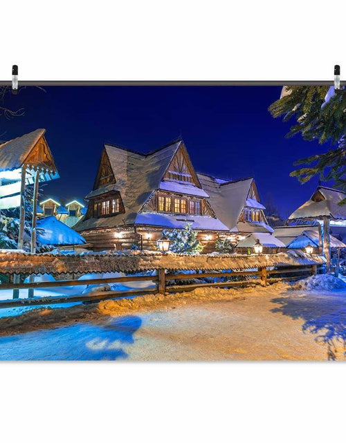 Load image into Gallery viewer, Snow Village Backdrop Xmas Pine Trees Night Scenery Banner 8x6ft
