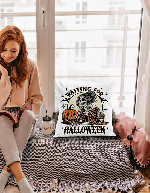 Load image into Gallery viewer, Nogrit Halloween Pillow Cover 18x18 Gothic Plaid Skeleton Pumpkin Black
