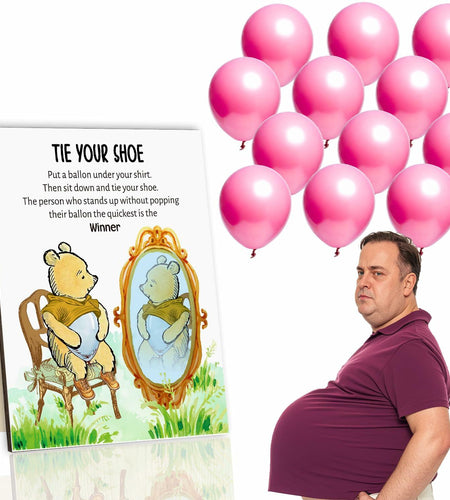 Tie Your Shoe Baby Shower Game Winnie Bear Wood Frame Pink Balloon 50 Pcs