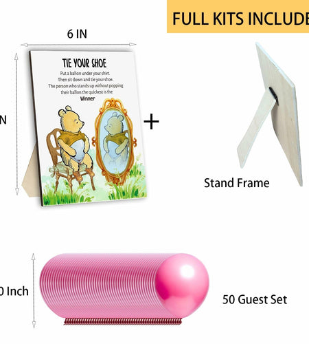 Tie Your Shoe Baby Shower Game Winnie Bear Wood Frame Pink Balloon 50 Pcs