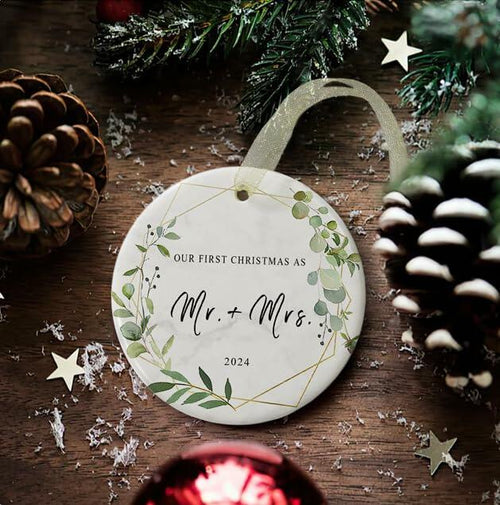 Load image into Gallery viewer, First Christmas as Mr and Mrs Ornament 2024 Ceramic Hanging 2.9"
