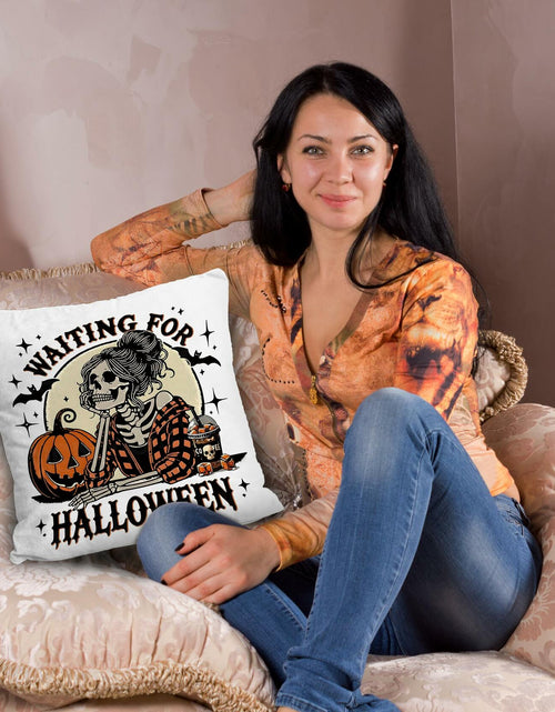 Load image into Gallery viewer, Nogrit Halloween Pillow Cover 18x18 Gothic Plaid Skeleton Pumpkin Black
