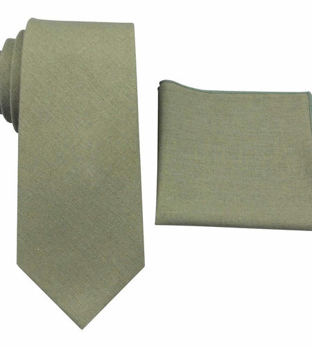Mens Solid Linen Tie and Pocket Square Set Extra Long Sage Green Size Regular