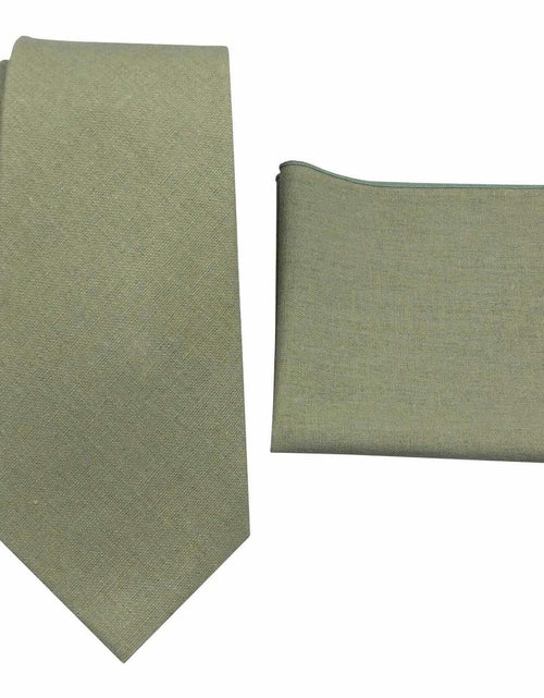 Load image into Gallery viewer, Mens Solid Linen Tie and Pocket Square Set Extra Long Sage Green Size Regular
