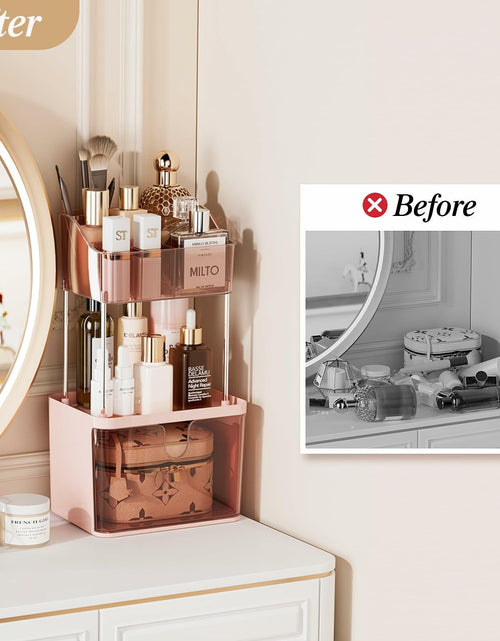 Load image into Gallery viewer, Delamu 3-Tier Makeup Organizer with Drawers &amp; 6-Grid Top Pink Vanity Storage
