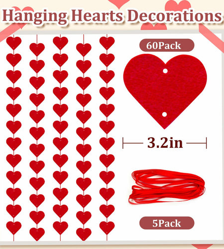 60Pcs Hanging Hearts Red Garland Valentines Day Decoration String
