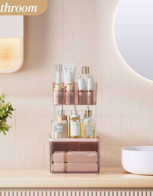 Load image into Gallery viewer, Delamu 3-Tier Makeup Organizer with Drawers &amp; 6-Grid Top Pink Vanity Storage
