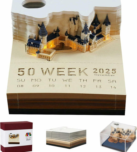 Time Piece 2025 Desk Calendar 3D Carving LED Light Castle Desktop