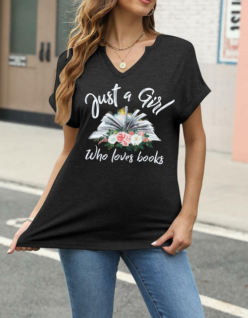 Load image into Gallery viewer, Women Book Lovers Graphic Tee V Neck Short Sleeve Dark Gray - Size M
