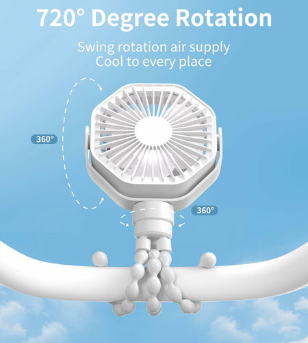 Lerat Portable Stroller Fan Flexible Tripod 3 Speeds Rechargeable White