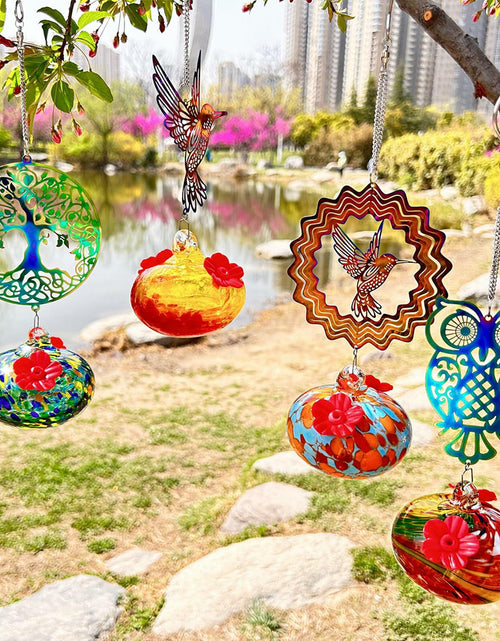 Load image into Gallery viewer, Hand-Blown Glass Hummingbird Feeder with Owl Metal Ornament Garden Decor
