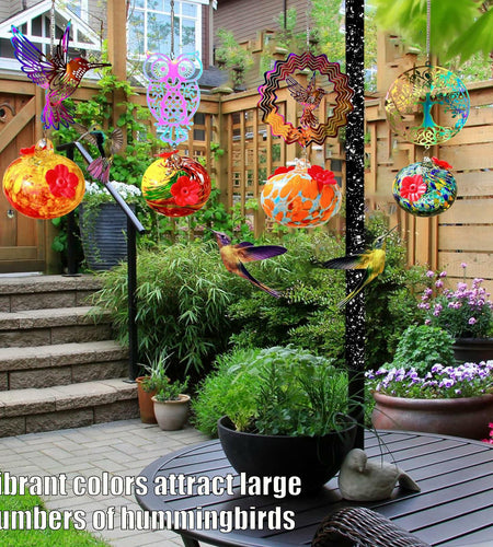 Hand-Blown Glass Hummingbird Feeder with Owl Metal Ornament Garden Decor