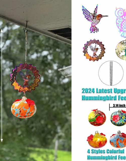 Load image into Gallery viewer, Hand-Blown Glass Hummingbird Feeder with Owl Metal Ornament Garden Decor
