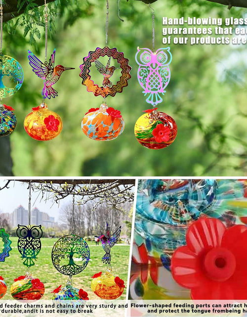 Load image into Gallery viewer, Hand-Blown Glass Hummingbird Feeder with Owl Metal Ornament Garden Decor
