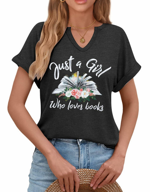Load image into Gallery viewer, Women Book Lovers Graphic Tee V Neck Short Sleeve Dark Gray Size XL
