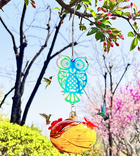 Hand-Blown Glass Hummingbird Feeder with Owl Metal Ornament Garden Decor