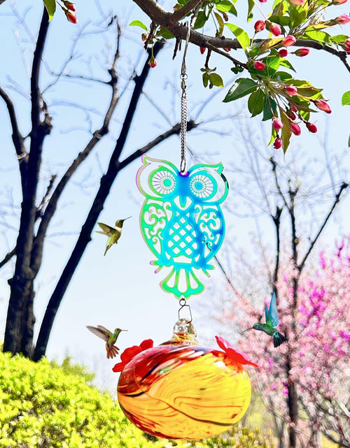 Load image into Gallery viewer, Hand-Blown Glass Hummingbird Feeder with Owl Metal Ornament Garden Decor
