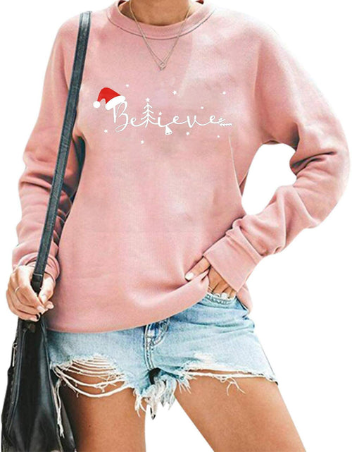 Load image into Gallery viewer, FASHGL Believe Sweatshirt Women Funny Christmas Hat Graphic Pink Size 2XL
