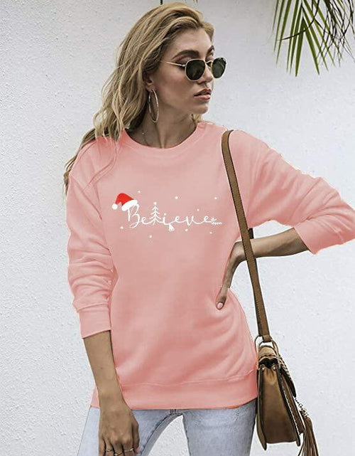 Load image into Gallery viewer, FASHGL Believe Sweatshirt Women Funny Christmas Hat Graphic Pink Size 2XL
