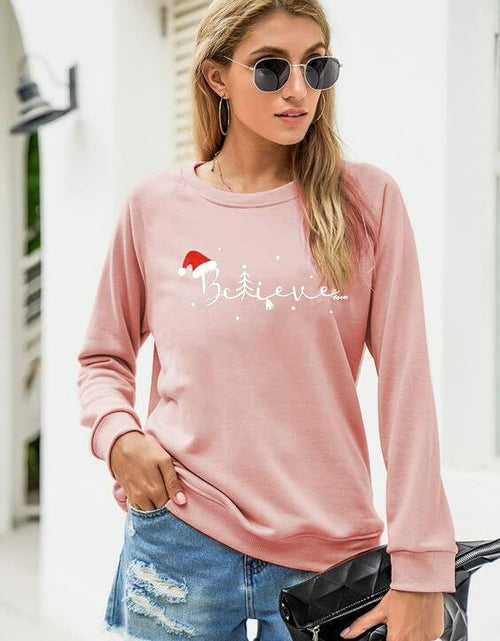 Load image into Gallery viewer, FASHGL Believe Sweatshirt Women Funny Christmas Hat Graphic Pink Size 2XL
