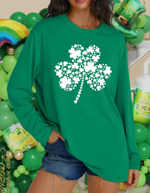 Load image into Gallery viewer, St Patrick's Day Women's Oversized Lucky Shamrock Long Sleeve Tee Size L
