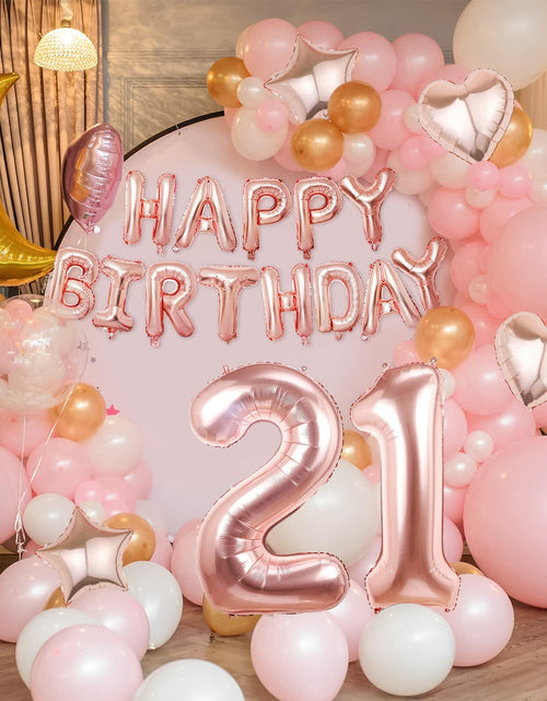 Load image into Gallery viewer, Rose Gold Happy Birthday Balloons Banner 16 Inch Mylar Foil 21st Party

