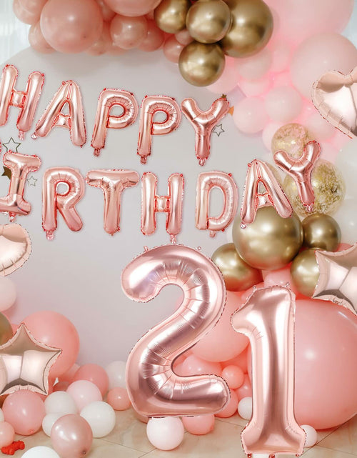 Load image into Gallery viewer, Rose Gold Happy Birthday Balloons Banner 16 Inch Mylar Foil 21st Party
