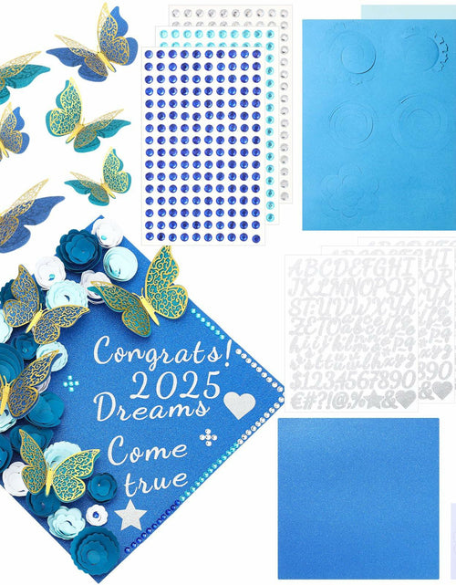 Load image into Gallery viewer, Knitgrip Graduation Cap Decoration Kit 98 Pc Blue Faux Flowers Butterfly
