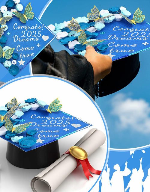 Load image into Gallery viewer, Knitgrip Graduation Cap Decoration Kit 98 Pc Blue Faux Flowers Butterfly
