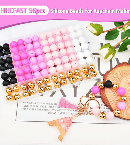 96PCS 15mm Silicone Beads,4 Colors Silicone Beads Kit for Keychain Making