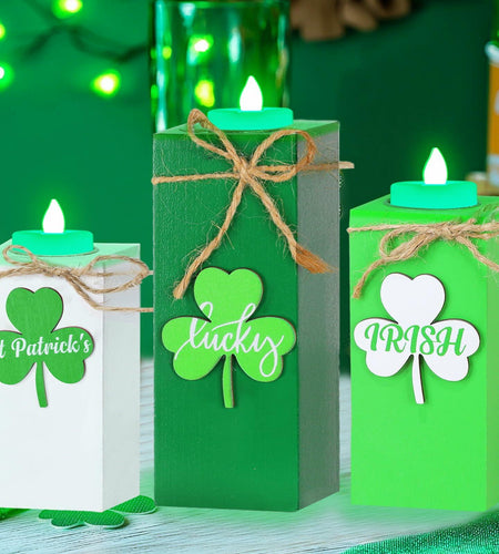 3 Pack St. Patrick's Day Flameless Tea Light Candles Shamrock Design Green