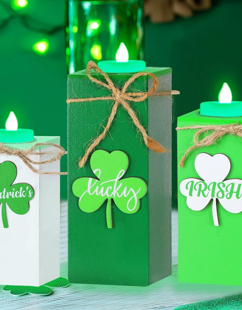 Load image into Gallery viewer, 3 Pack St. Patrick's Day Flameless Tea Light Candles Shamrock Design Green
