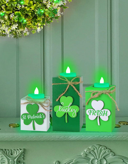 Load image into Gallery viewer, 3 Pack St. Patrick's Day Flameless Tea Light Candles Shamrock Design Green

