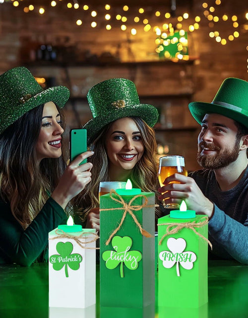 Load image into Gallery viewer, 3 Pack St. Patrick's Day Flameless Tea Light Candles Shamrock Design Green
