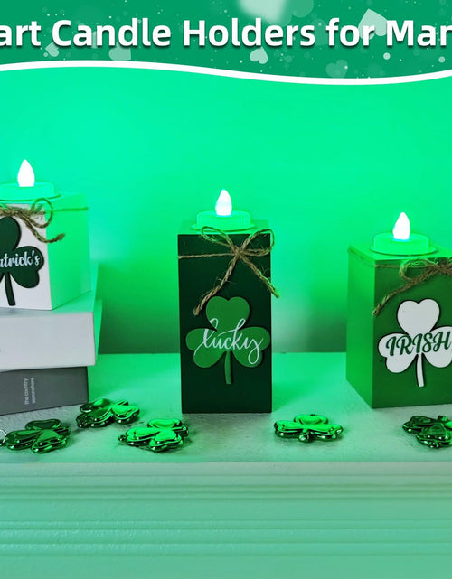 Load image into Gallery viewer, 3 Pack St. Patrick's Day Flameless Tea Light Candles Shamrock Design Green
