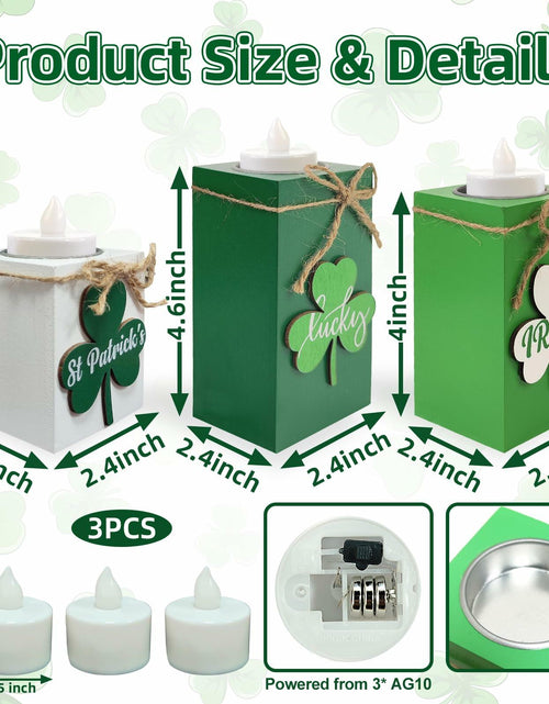Load image into Gallery viewer, 3 Pack St. Patrick's Day Flameless Tea Light Candles Shamrock Design Green
